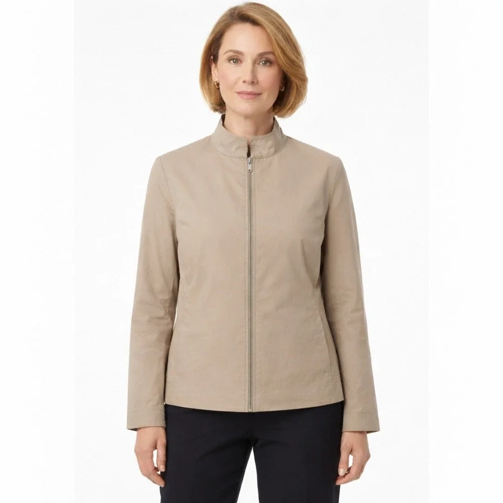 Eileen Fisher Blazer Polished Ramie Stretch Full Zip Windbreaker Jacket Tan‎ M